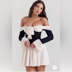 Bow Tie Off The Shoulder Long Sleeve Drop Waist Mini Dress